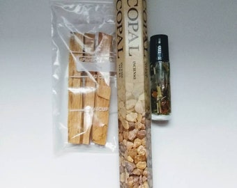 Santa Muerte altar bundle contains 3 Palo Santo sticks, copal incense & Santa Muerte altar oil