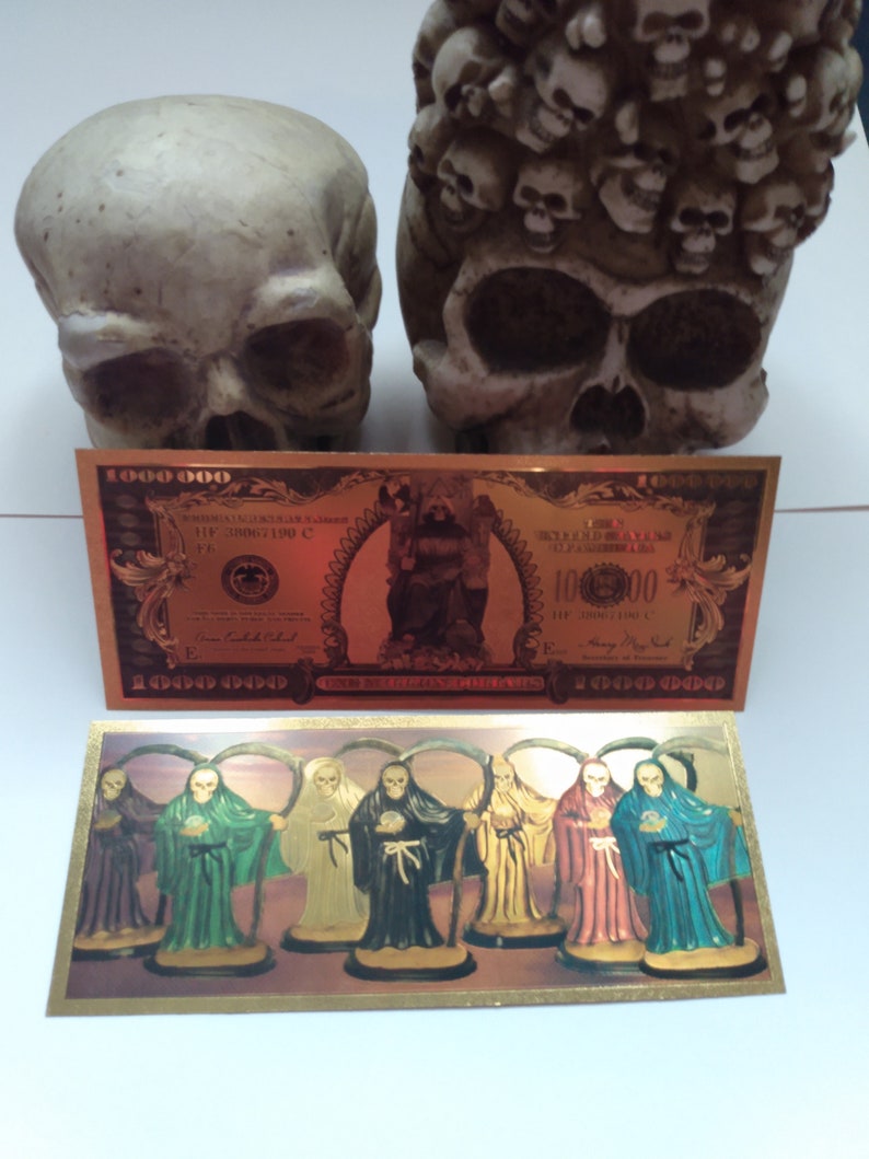 Santa Muerte Golden Million Dollar Dinero Money Double Sided Buy More Santa Muerte Golden Million Dollar Dinero Money Double Sided Buy More