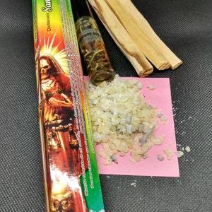 Santa Muerte altar bundle: Santa Muerte incense,.5oz Mayan copal, 3 Palo Santo sticks, altar oil kit for altar