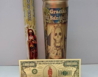 Santa Muerte success gold bundle 1 million gold bill  incense gold offering package.