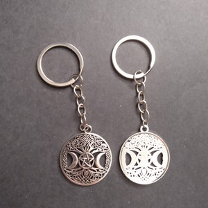 Silver pagan wiccan pentagram triple moon witch magic tree keychain