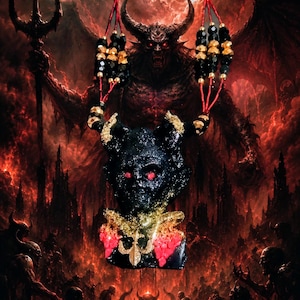Puede incluir: Un collar con un colgante negro brillante con cuernos, ojos rojos y un detalle de flor de lis en tono dorado. El colgante cuelga de cordones rojos adornados con cuentas alternas en negro y tono dorado, creando un contraste llamativo.