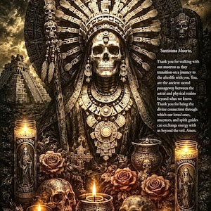 Op de afbeelding: Een donkere, goudkleurige illustratie met een skeletfiguur in een rijkelijk versierde hoofdtooi en sieraden, die een zeis vasthoudt. De afbeelding bevat twee brandende kaarsen met het label Santisima Muerte, schedels, rozen en tekst.