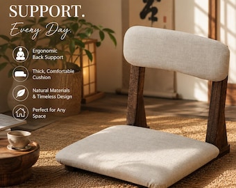 Modern Floor Meditation Chair with Back Support – Wooden Legless Chair, Japanese Style Floor Seat, Reading Chair, Tatami Cushion Chair, Home