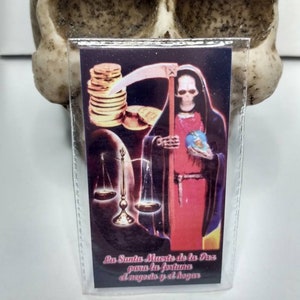 Laminated Santa Muerte prayer card. La Santa Muerte de la paz para la fortuna El negocio y El hagar