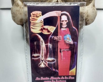 Laminated Santa Muerte prayer card. La Santa Muerte de la paz para la fortuna El negocio y El hagar