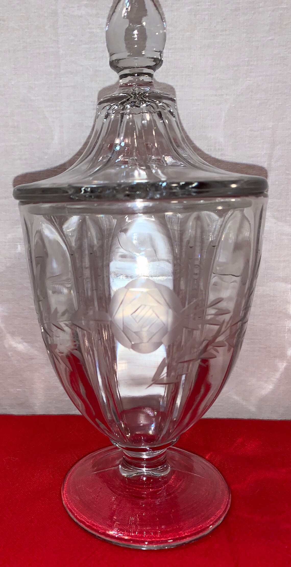 Vintage Pedestal Covered Candy Jar With Etched Flowers Etsy