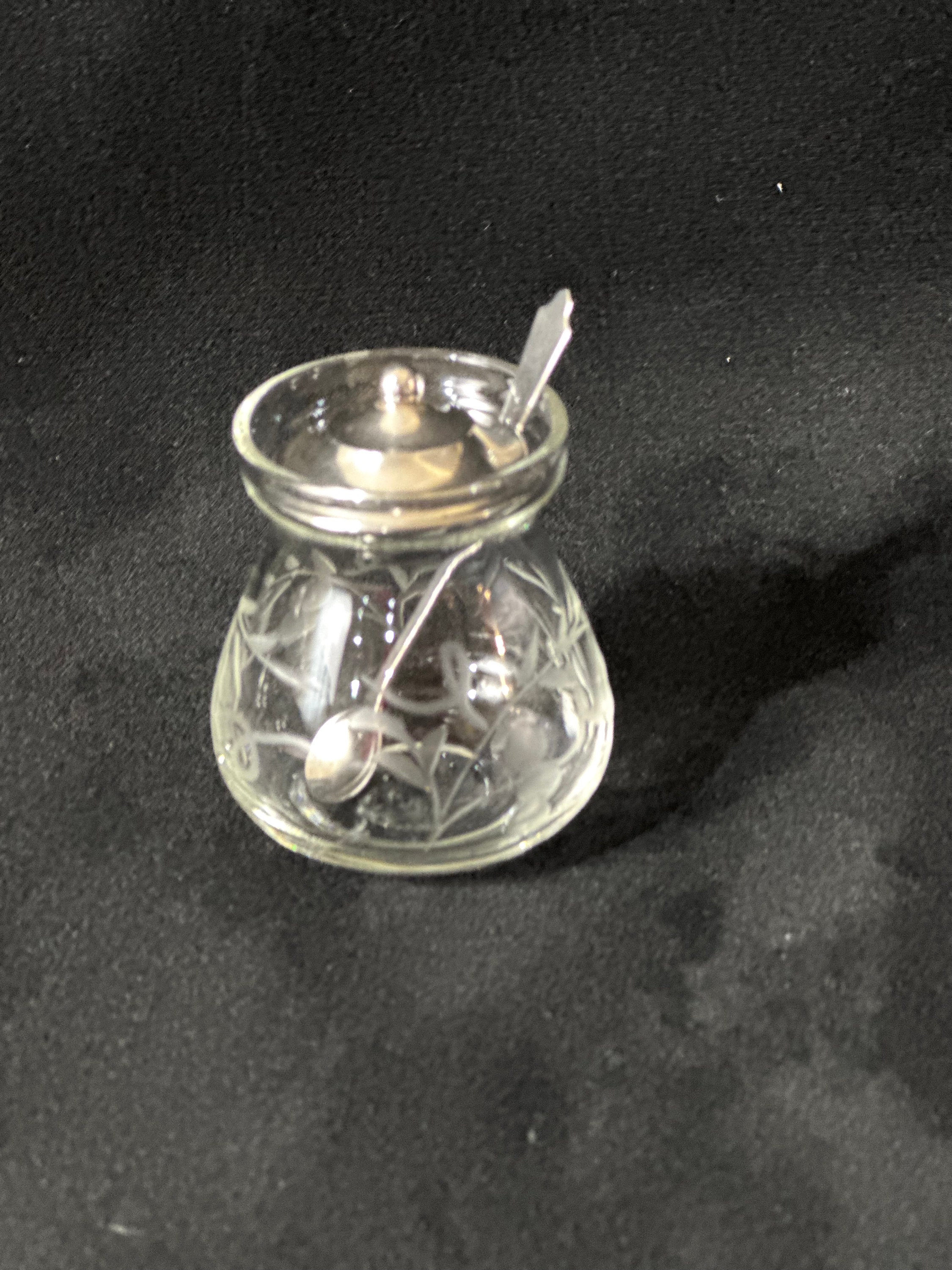 Antique Sterling Silver and Etched Glass Mustard Jar Lid & Spoon Vintage  Victorian Crystal Cut Glass Floral Design Lidded Spice Container 
