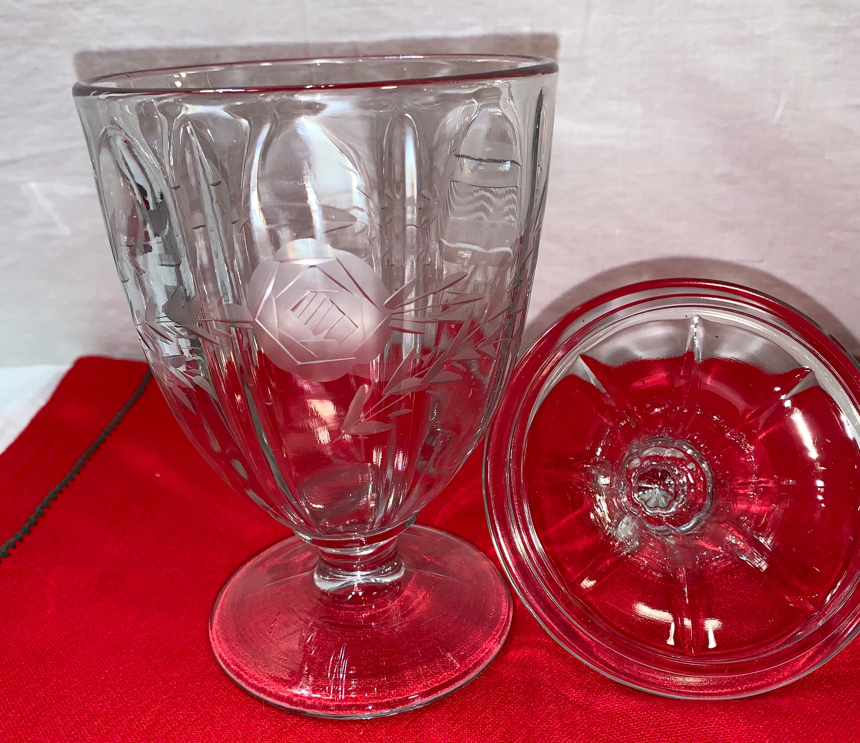 Vintage Pedestal Covered Candy Jar With Etched Flowers Etsy