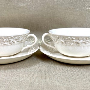 2 Wedgwood Queensware Cream Soup Bowls & Saucers - Grape Pattern