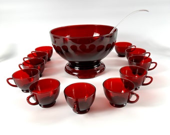 Fourteen Piece Anchor Hocking Royal Ruby Punch Bowl and Cups