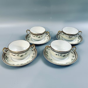 4 Haviland Yale Bouillon Soup Cups and Saucers