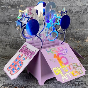 Sweet 16 ans, carte de 16 ans, boîte pop-up, carte de 16 ans, carte d'anniversaire, 16 ans, lilas et argent, personnalisé, fait main, anniversaire, carte, jalon
