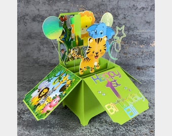 1.º, 2.º, 3.º, 4.º, 5.º cumpleaños, tarjeta desplegable, tarjeta en caja, unicornio, jungla, dinosaurio, niño, niña, personalizado, tarjeta, edad, bonito