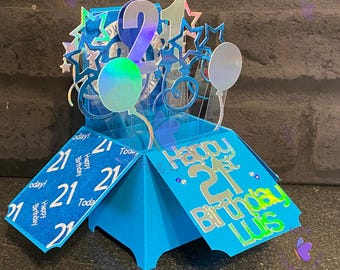 21st Birthday Card, Pop Up Box Card, Birthday Card, 21, Blue, Silver, Balloons, Milestone, Birthday, 21st, Handmade, Personalised