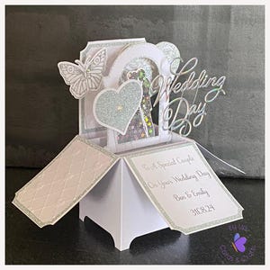 Wedding card, White and Silver Wedding Card, Pop Up Box Card, Personalised Wedding Card, Custom, Wedding Day, Box Card, Personalised Ribbon