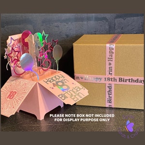 18e anniversaire, carte d'anniversaire, 18e anniversaire, carte dans une boîte, Unique, holographique rose, personnalisé, boîte pop-up, ruban personnalisé, ruban