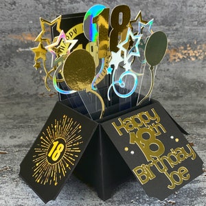 Carte d'anniversaire 18 ans, boîte pop-up, carte d'anniversaire, 18 ans, noir, argent, or, personnalisée, fait main, anniversaire, carte, ruban d'étape importante