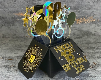 18th Birthday Card,  Pop Up Box Card, 18th, Birthday Card, 18, Black, Silver, Gold, Personalised, Handmade, Birthday, Card, Milestone Ribbon