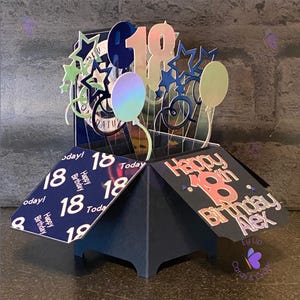 18th Birthday Card,  Pop Up Box Card, 18th, Birthday Card, 18, Navy and Silver, Personalised, Handmade, Birthday, Card, Milestone, Ribbon
