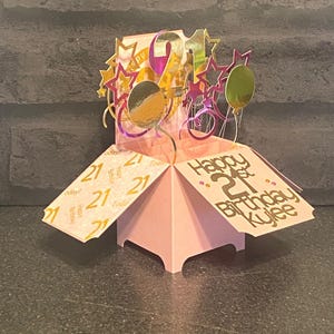 Carte de 21 ans, boîte pop-up, carte d'anniversaire, 21 ans, rose, or, ballons, étoiles, jalon, anniversaire, 21 ans, fait main, personnalisé