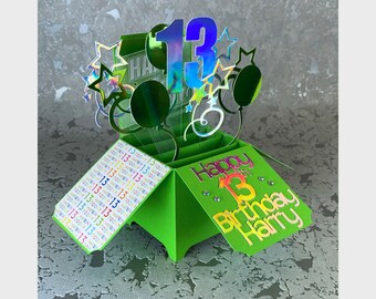 13th Birthday Card, Personalised, Pop Up Box Card, 13, Birthday Card, Handmade, 13th, Birthday, Card, Colours, Custom, Teenager, Teens