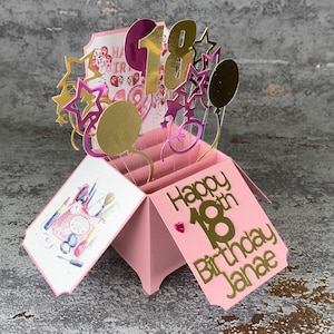 18e anniversaire, carte d'anniversaire, 18e anniversaire, carte dans une boîte, Unique, or, rose holographique, personnalisé, boîte pop-up,