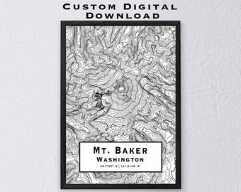 May include: Black and white topographic map print of Mount Baker in Washington state. The print includes the mountain's name, location, and coordinates: 48.7767° N 121.8144° W. The print is framed in a black frame and has the text "Custom Text Map" below the image.