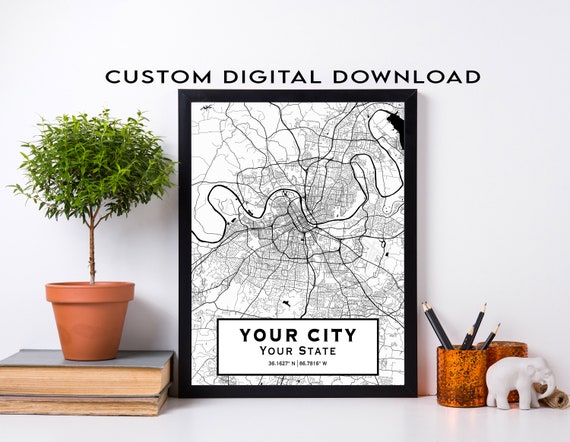 Custom City Map | PICK YOUR LOCATION | Any Size | Map | Digital** | Black  and White | Coordinates | Add a Heart