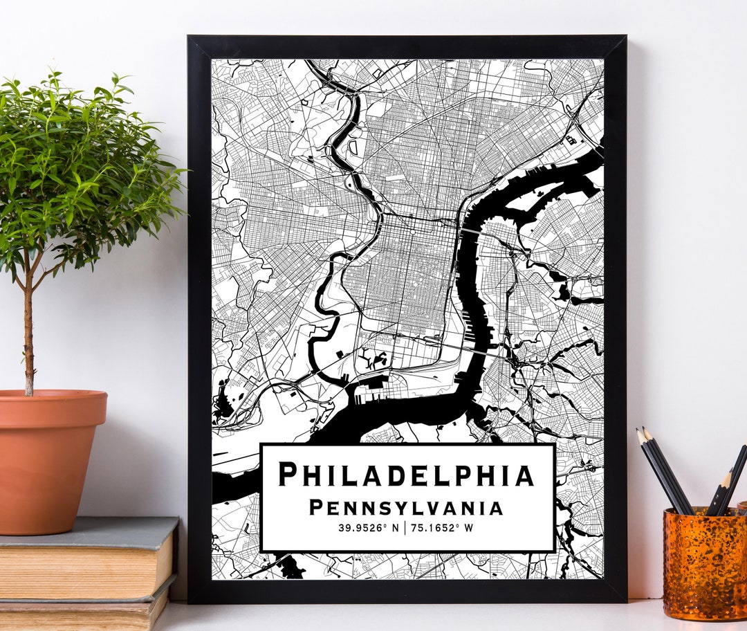 Philadelphia Map Print Black and White Coordinates Etsy