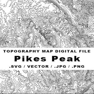 May include: Black and white topographic map of Pikes Peak. The map shows the elevation contours of the mountain.