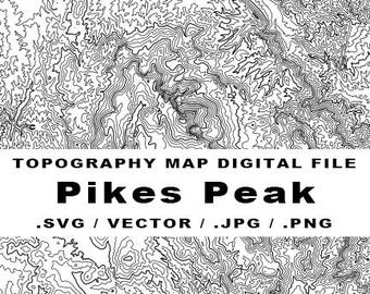 May include: Black and white topographic map of Pikes Peak. The map shows the elevation contours of the mountain.