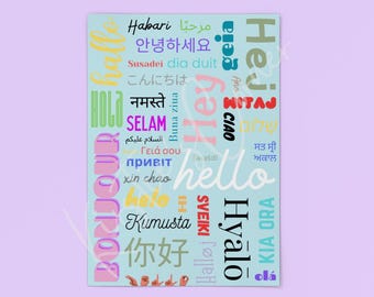 Multilingual Greeting Art, Colourful Wall Decor, Home Art, Gift For Language Enthusiasts, Hello Languages Print