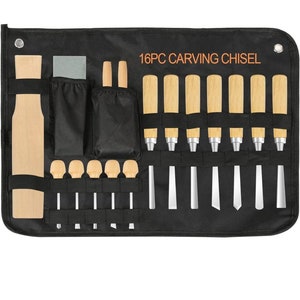 May include: A black canvas roll-up case with 16 carving chisels, a wooden mallet, and a sharpening stone. The case has a zipper closure and a handle. The text "16PC CARVING CHISEL" is printed on the case.