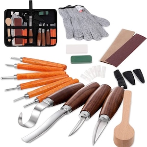 May include: A wood carving set with a variety of tools, including knives, gouges, and a mallet. The set also includes a pair of gloves, sanding blocks, and a sharpening stone. The tools are arranged in a circle on a white background.