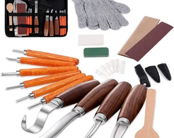 May include: A wood carving set with a variety of tools, including knives, gouges, and a mallet. The set also includes a pair of gloves, sanding blocks, and a sharpening stone. The tools are arranged in a circle on a white background.