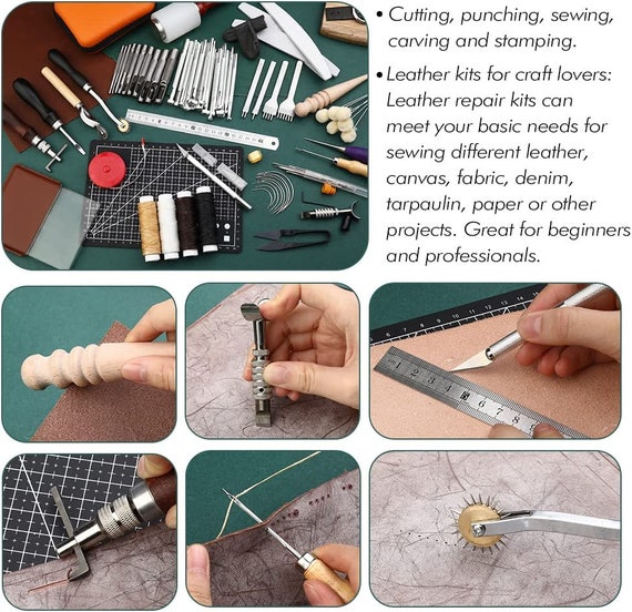 Leather Crafting Tools and Supplies, Leather Tooling Kit With Prong Punch  Groovers Cutting Mat Stamping Tools Leather Working Kit 