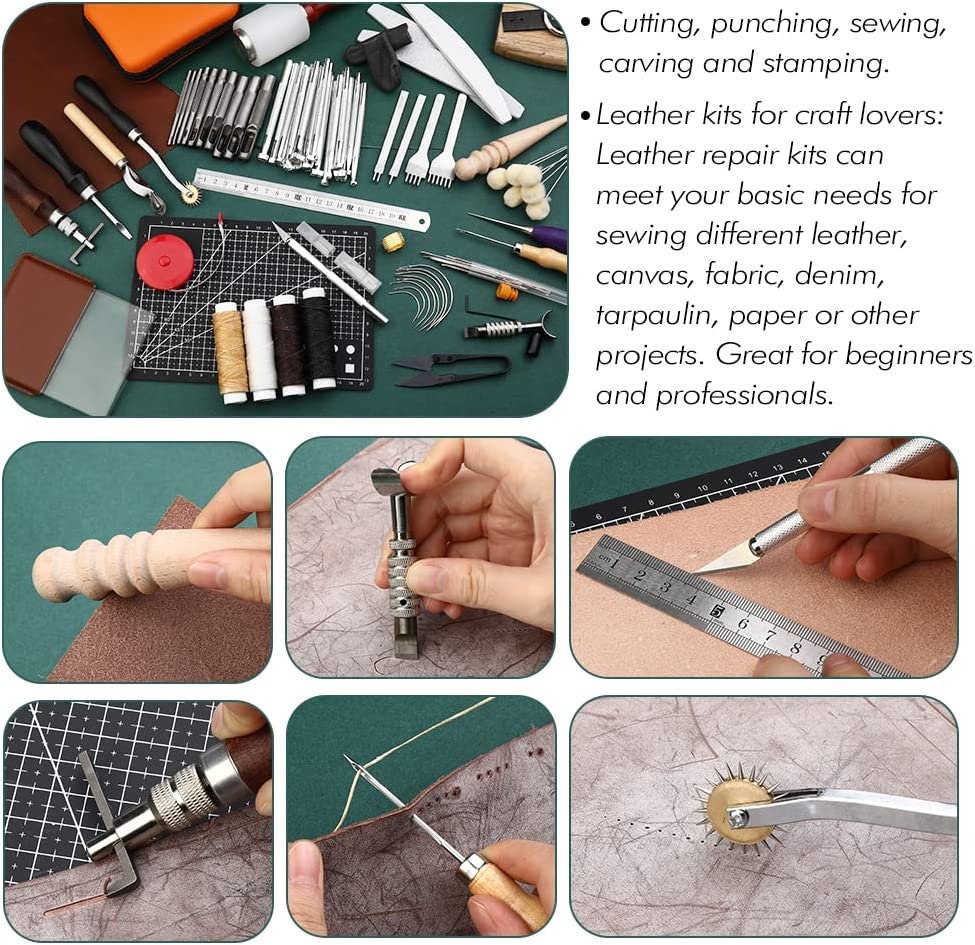 48 Pieces Leather Working Tools Kit and Supplies All in One Leather Craft  Stamping Tools for Stitch Punch Cut Sew Leather Craft