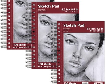 5.5" x 8.5" Sketch Paper Pads, 3 Pack, 300 Total Sheets (100 Each), 68 lb/100gsm Premium Paper, by Better Office Product