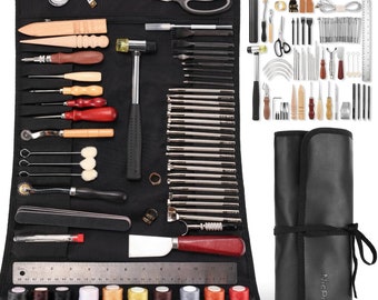 May include: A black leathercraft tool kit with a variety of tools, including a mallet, scissors, needles, and thread spools. The kit includes a measuring tape, a ruler, and a knife. The tools are organized in a black roll-up case.