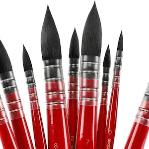 May include: A set of eight red and black watercolor paint brushes with black bristles. The brushes are arranged in a fan shape with the handles pointing upwards. The handles are made of wood and have a red finish. The bristles are made of natural hair and are very soft.