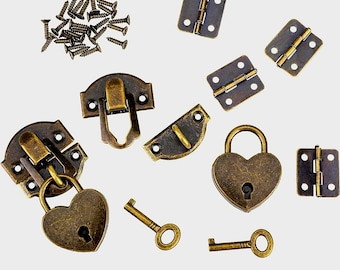 2 Set Antique Bronze Hasp Latch 27 X 30 mm Hasp Latch Mini Box Hinges and Love Locks with Keys