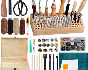 Leather Kits, Leather Working Tools, Leathercraft Tools and Supplies with Instruction, Tool Holder, Leather Stamps Set, Prong Punch