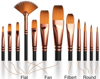 May include: A set of paint brushes with different shapes and sizes, including flat, fan, filbert, and round brushes. The brushes have wooden handles and gold-colored metal ferrules.