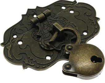 Antique Embossing Decorative Brass Hasp Clasp Latch Lock with Screws for Jewelry Box Ordinary Box Wooden Case Furniture Decoration (Bronze)