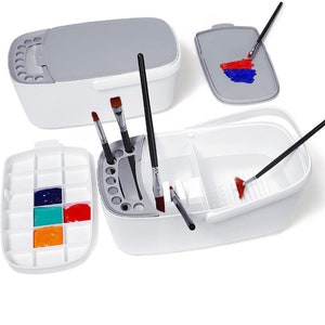 May include: White plastic paint storage container with a removable lid, a built-in brush holder, and a separate compartment for water and a brush cleaning grid. The container has a handle for easy carrying. The lid has a separate compartment for paint palettes.