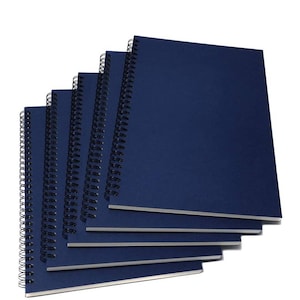 May include: A stack of four blue spiral notebooks with white edges. The notebooks are arranged in a fan shape, with the top notebook being the most visible.