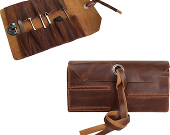 Leather tool roll up pouch 10 slot