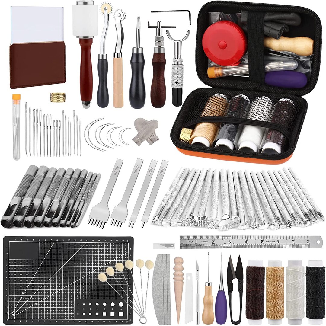 Leather Crafting Tools and Supplies, Leather Tooling Kit With Prong Punch Groovers Cutting Mat