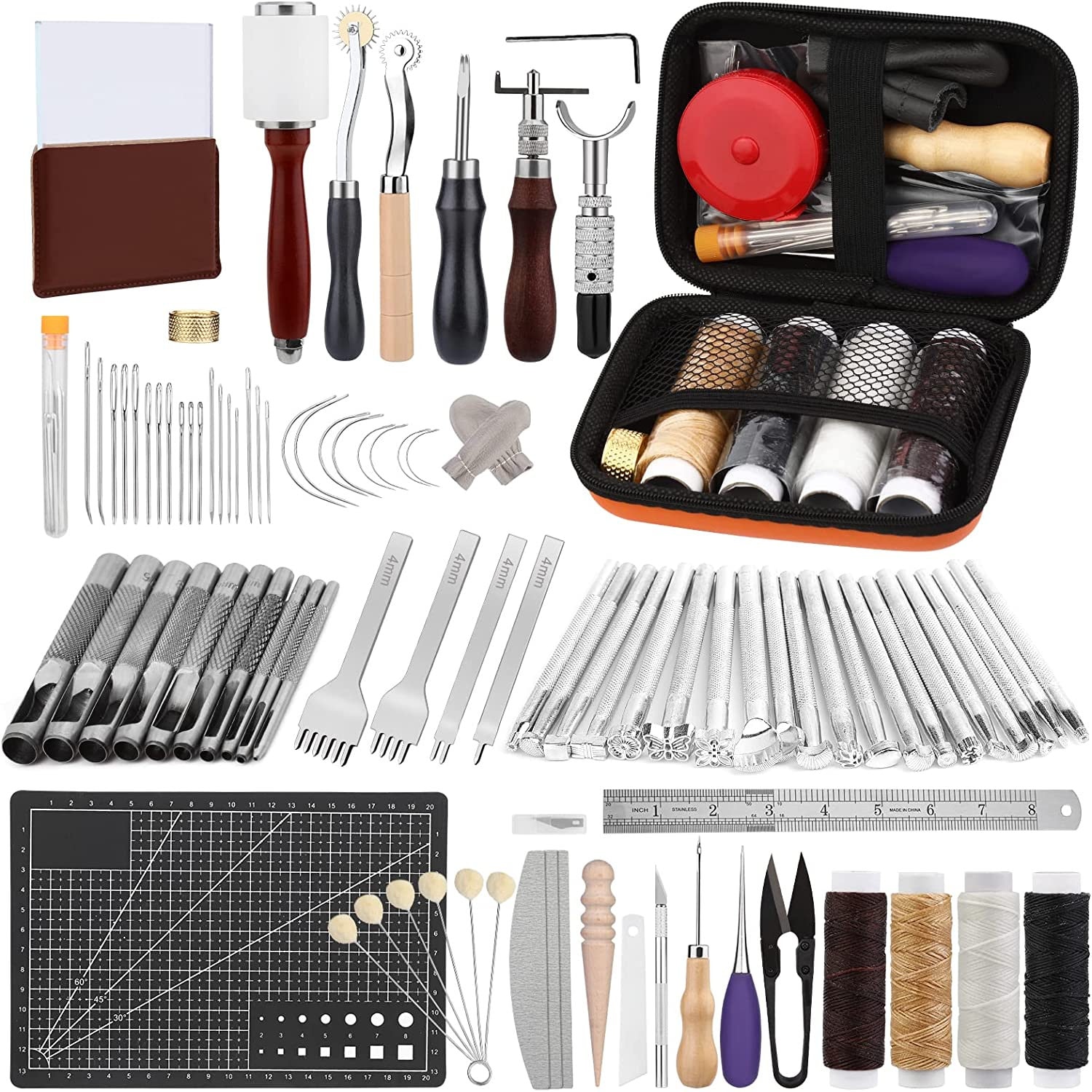 Leather Crafting Tools and Supplies, Leather Tooling Kit With Prong Punch  Groovers Cutting Mat Stamping Tools Leather Working Kit 